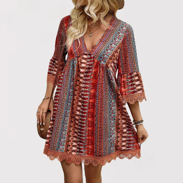 MELINA™ – Boho Charm V-Neck Dress - MABEL LONDON