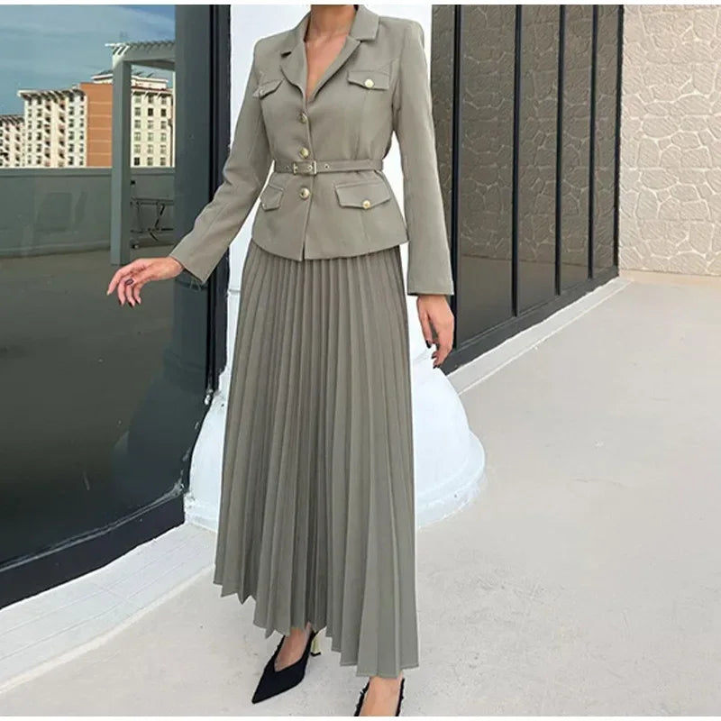 EMILIE™ - Chic Belted Blazer & Pleated Skirt Set - MABEL LONDON