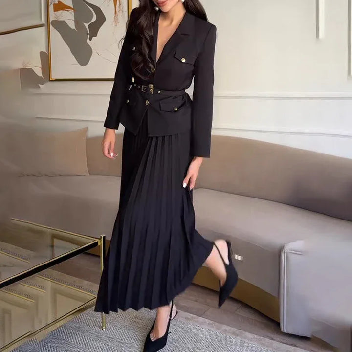 EMILIE™ - Chic Belted Blazer & Pleated Skirt Set - MABEL LONDON