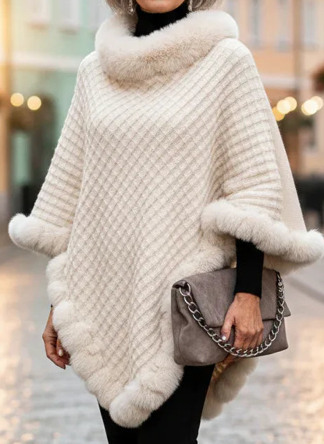 Elara – Faux Fur Trim Knit Poncho - MABEL LONDON