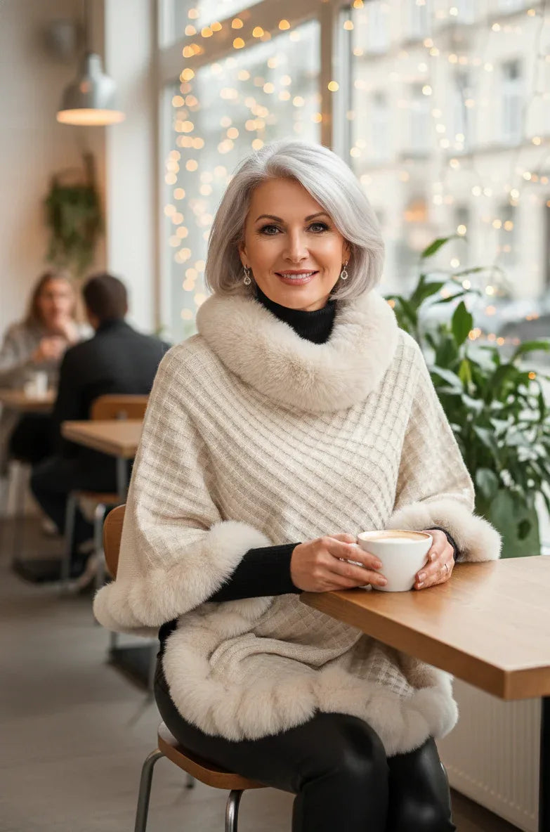 Elara – Faux Fur Trim Knit Poncho - MABEL LONDON