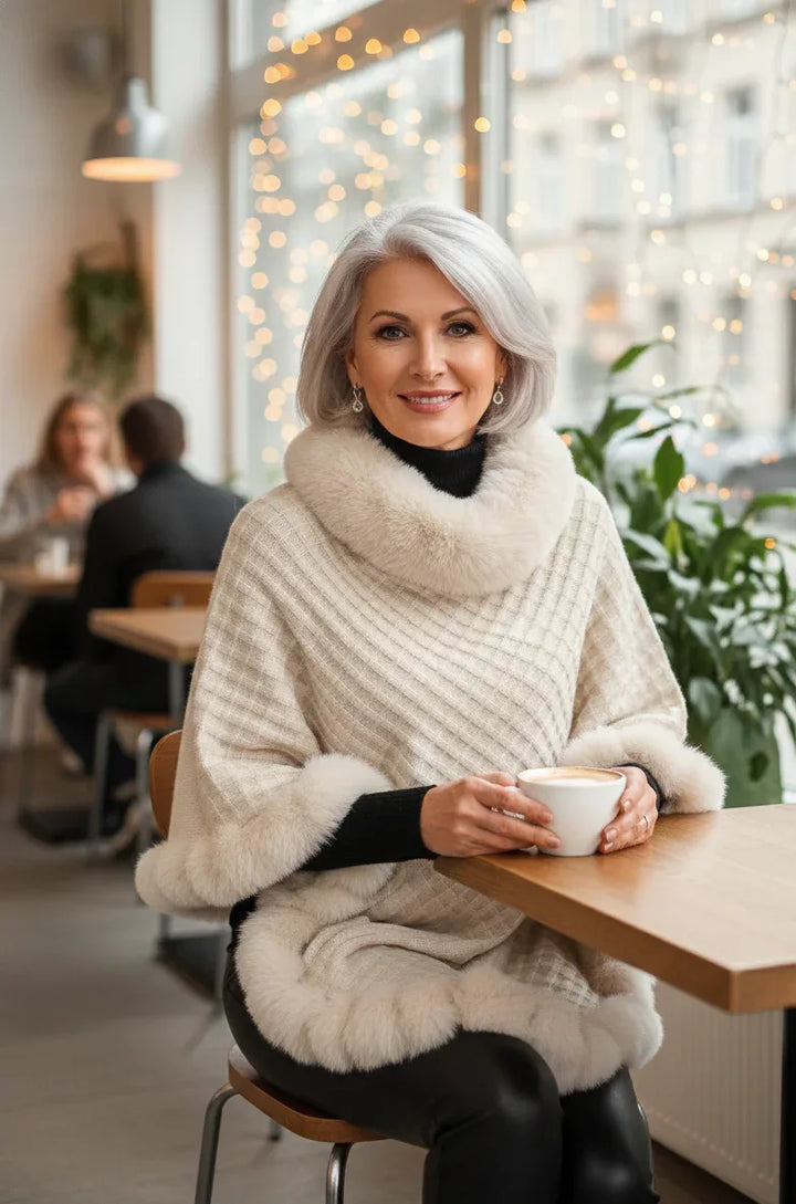 Elara – Faux Fur Trim Knit Poncho - MABEL LONDON