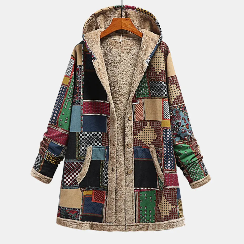 Autumn | Earthy Patchwork Cozy Hooded Jacket - MABEL LONDON