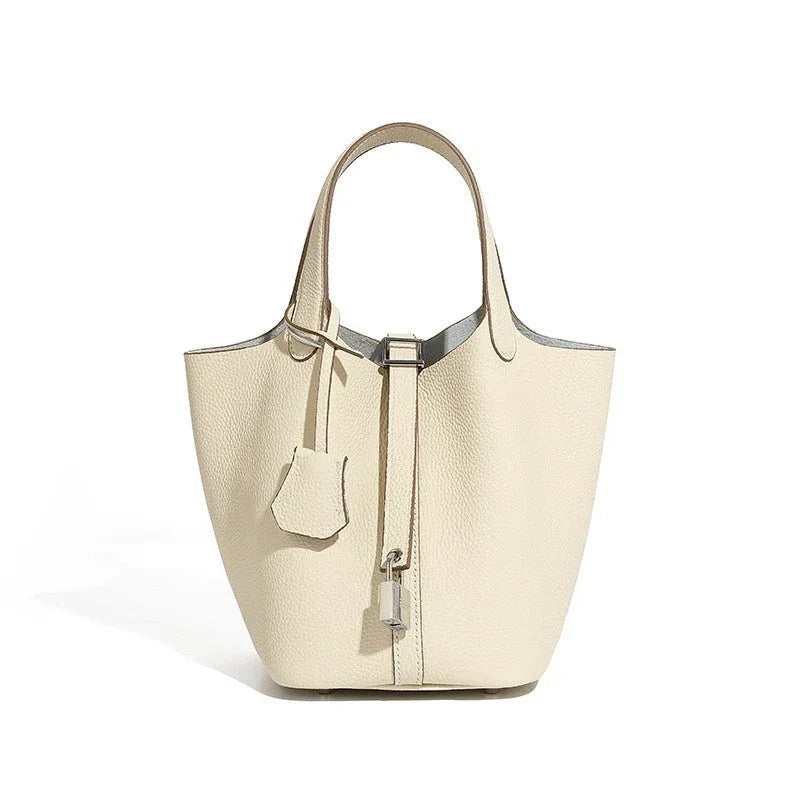 Women's Genuine Leather Silver Buckle Basket Bag - MABEL LONDON