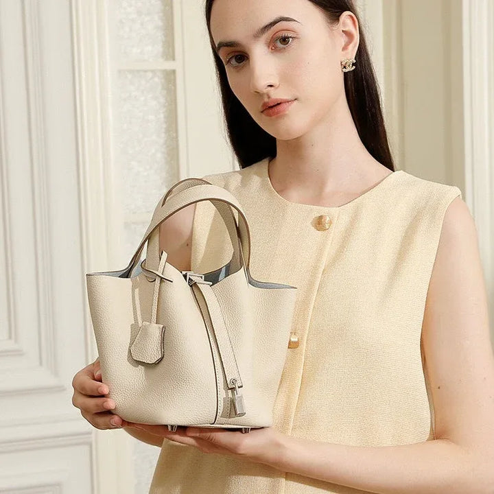 Women's Genuine Leather Silver Buckle Basket Bag - MABEL LONDON