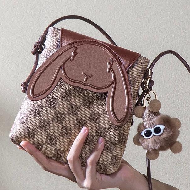 Plaid Cute Collision Rabbit Genuine Leather Mini Crossbody Phone Bag - MABEL LONDON