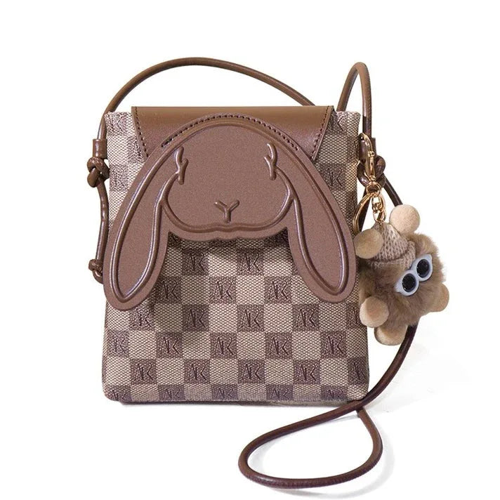 Plaid Cute Collision Rabbit Genuine Leather Mini Crossbody Phone Bag - MABEL LONDON