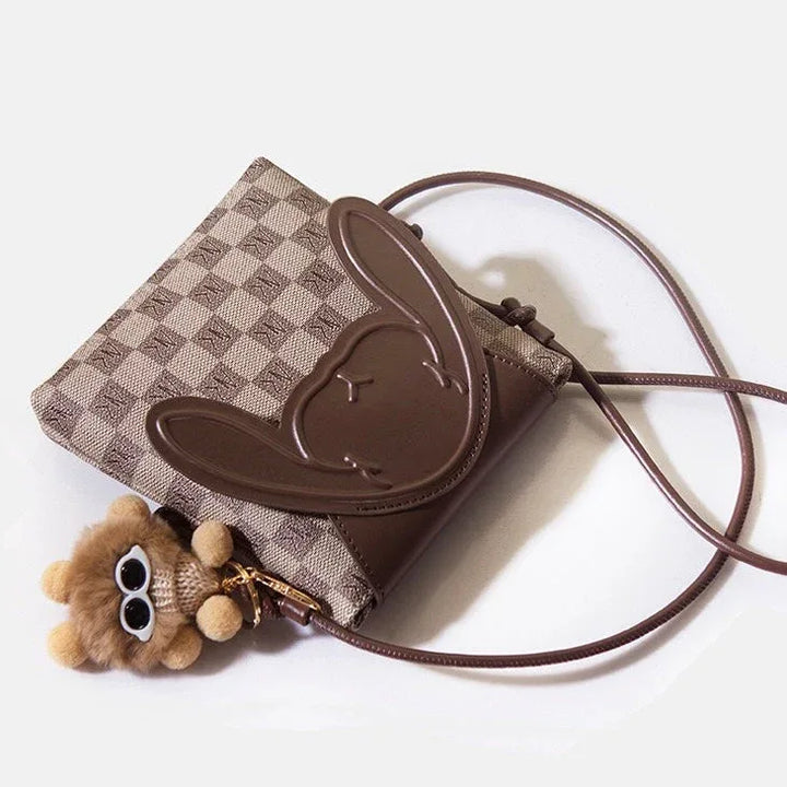Plaid Cute Collision Rabbit Genuine Leather Mini Crossbody Phone Bag - MABEL LONDON