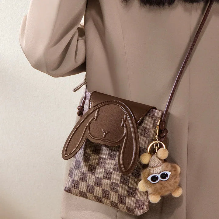 Plaid Cute Collision Rabbit Genuine Leather Mini Crossbody Phone Bag - MABEL LONDON