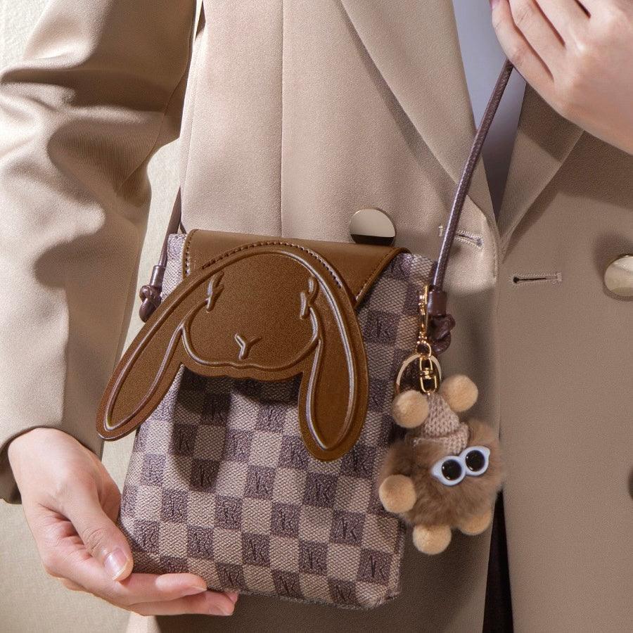 Plaid Cute Collision Rabbit Genuine Leather Mini Crossbody Phone Bag - MABEL LONDON