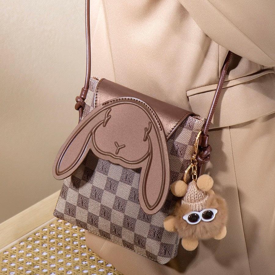 Plaid Cute Collision Rabbit Genuine Leather Mini Crossbody Phone Bag - MABEL LONDON