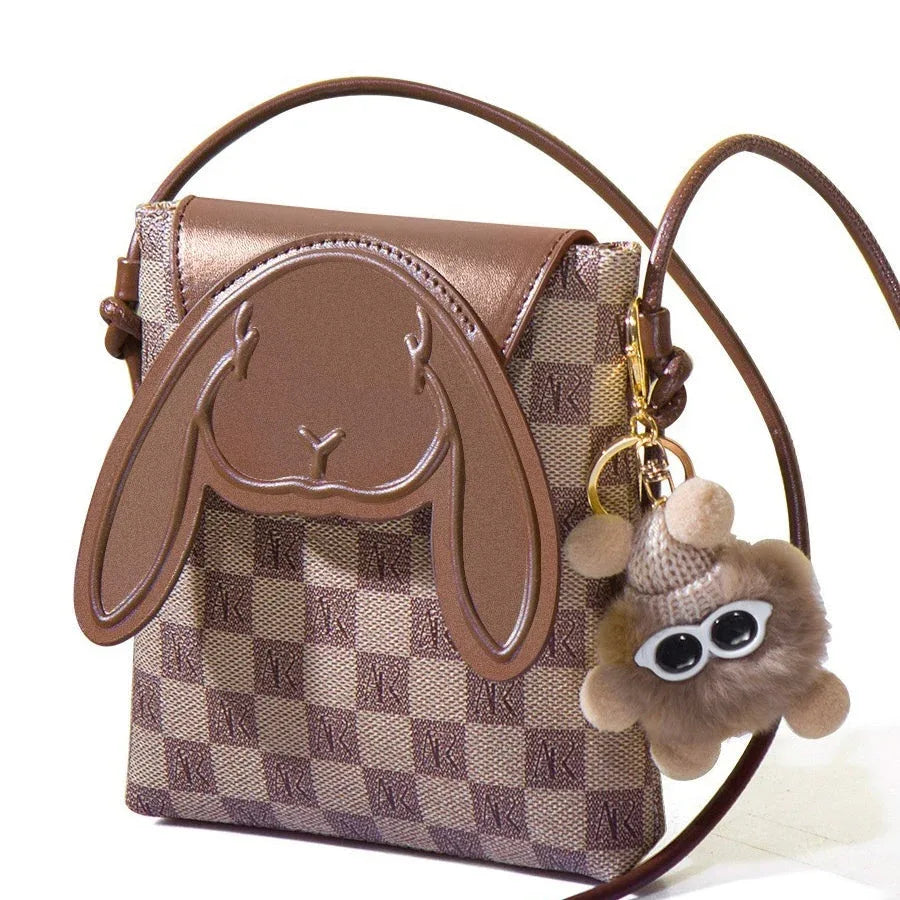 Plaid Cute Collision Rabbit Genuine Leather Mini Crossbody Phone Bag - MABEL LONDON