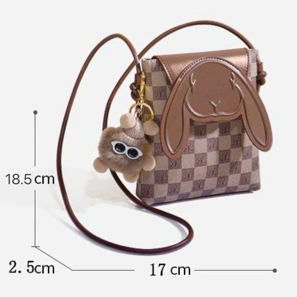 Plaid Cute Collision Rabbit Genuine Leather Mini Crossbody Phone Bag - MABEL LONDON
