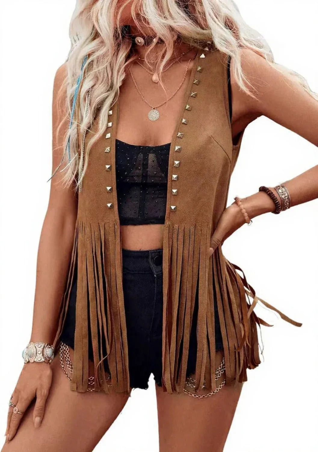 DHARNA™ – Casual Open-Front Sleeveless Fringe Vest - MABEL LONDON