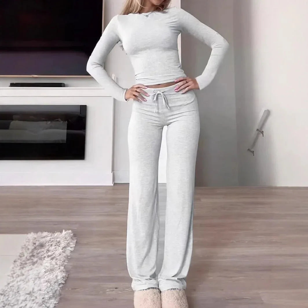 KUTIS™ - Casual Round Neck Crop Top and Drawstring High Waist Pants Set - MABEL LONDON