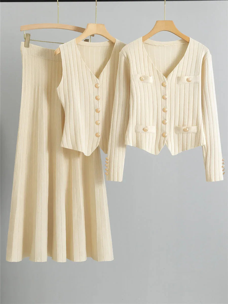 XANDY™ - Elegant V-Neck Buttoned Vest and High Waist Skirt - MABEL LONDON