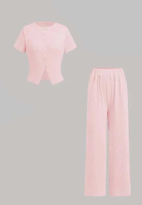 MIRANDA™ - Casual Button Front Top and Wide Leg Pants Set - MABEL LONDON
