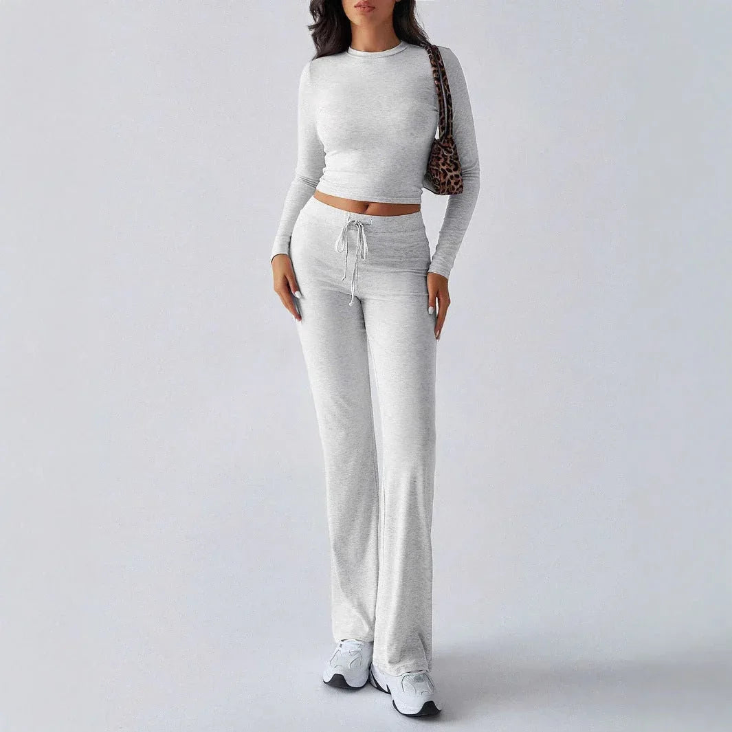 KUTIS™ - Casual Round Neck Crop Top and Drawstring High Waist Pants Set - MABEL LONDON