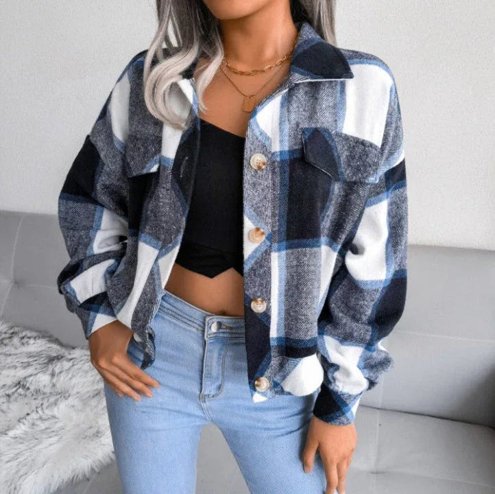 WALA™ - Casual Plaid Button Front Long Sleeve Jacket - MABEL LONDON