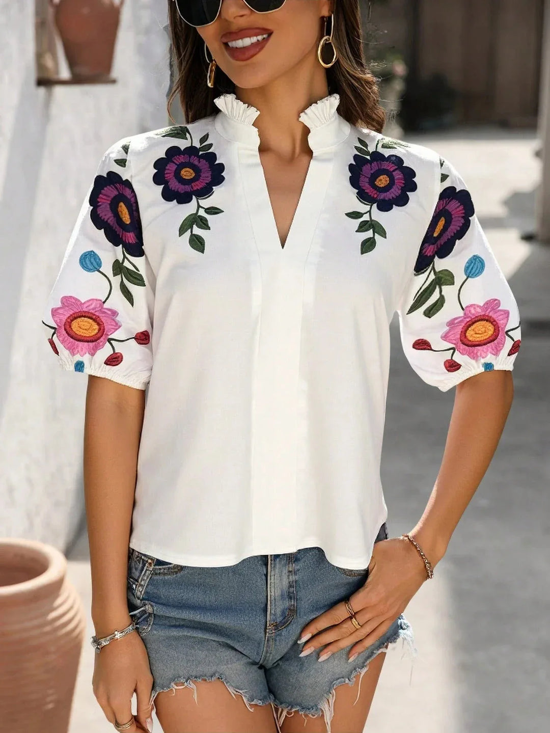 SANA™ - Chic Floral Puff Sleeve Summer Blouse - MABEL LONDON