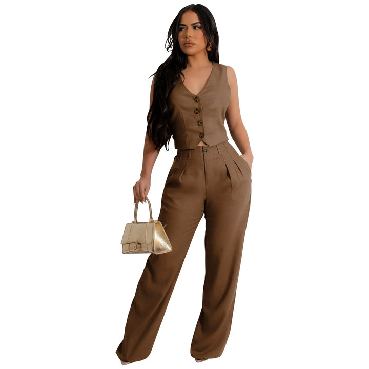 FONORA™ - Elegant V-Neck Crop Tank and High Waist Pants Set - MABEL LONDON