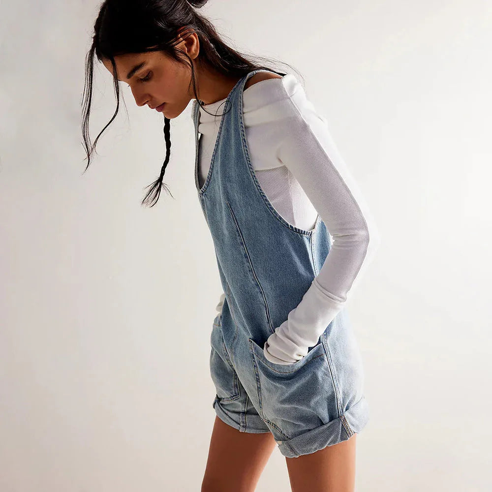 IVYLI™ - Casual Fitted Sleeveless Denim Romper - MABEL LONDON
