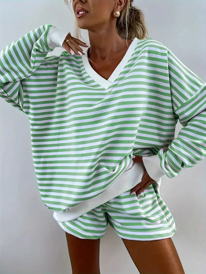 NOLANI™ – Relaxed Fit Striped V-Neck Lounge Set - MABEL LONDON