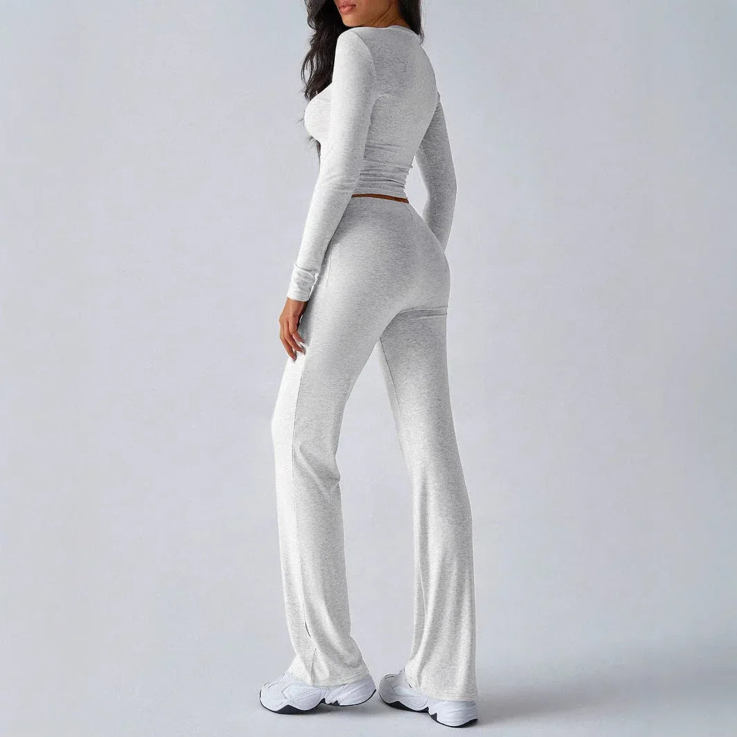 KUTIS™ - Casual Round Neck Crop Top and Drawstring High Waist Pants Set - MABEL LONDON