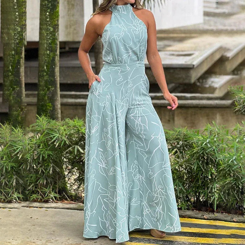 QIANA™ - Elegant Wide Leg Neck Tie Sleeveless Summer Jumpsuit - MABEL LONDON