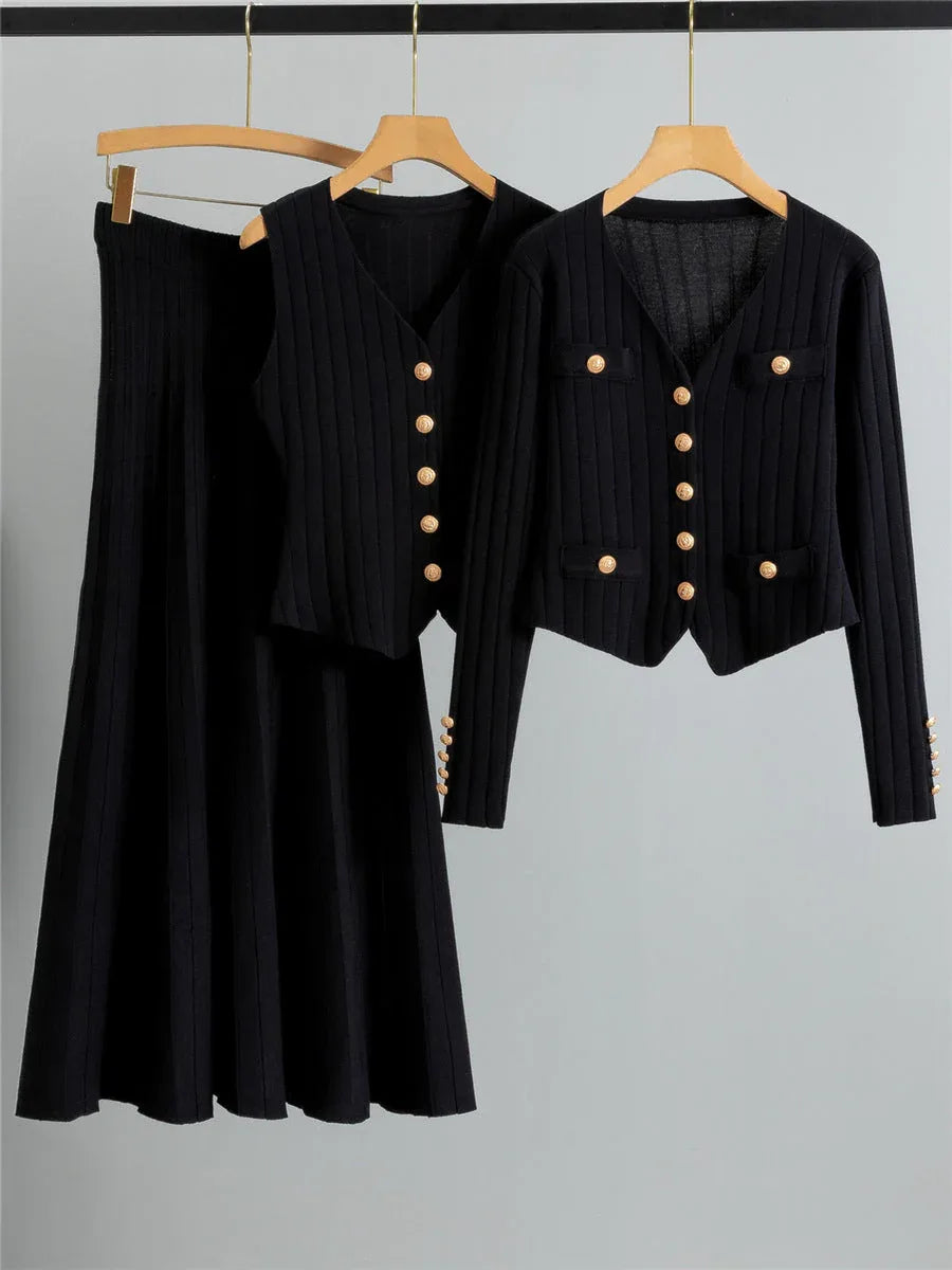 XANDY™ - Elegant V-Neck Buttoned Vest and High Waist Skirt - MABEL LONDON