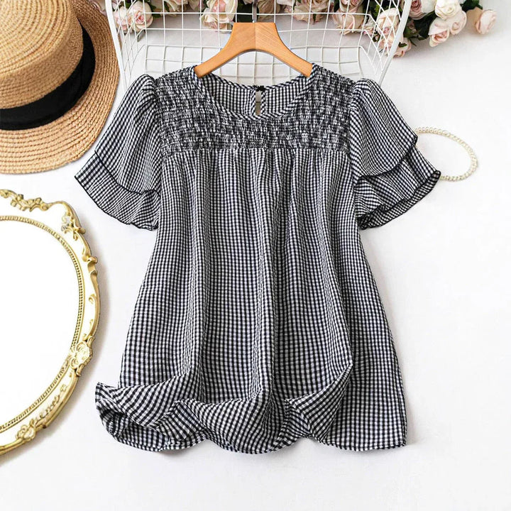 KRISTEL™ – Vintage Flowy Checkered Puff Sleeve Blouse - MABEL LONDON