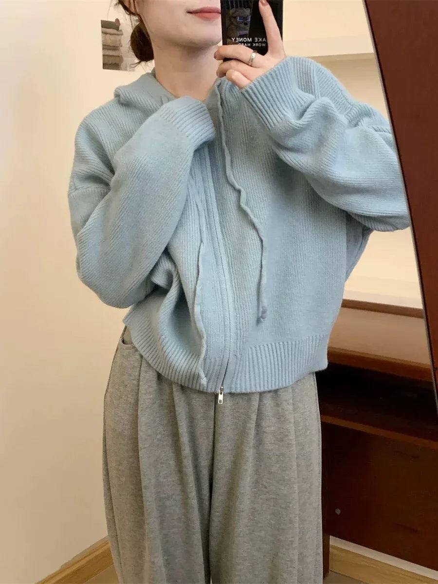 QUESTA™ - Casual Zip Up Long Sleeve Hooded Cardigan - MABEL LONDON