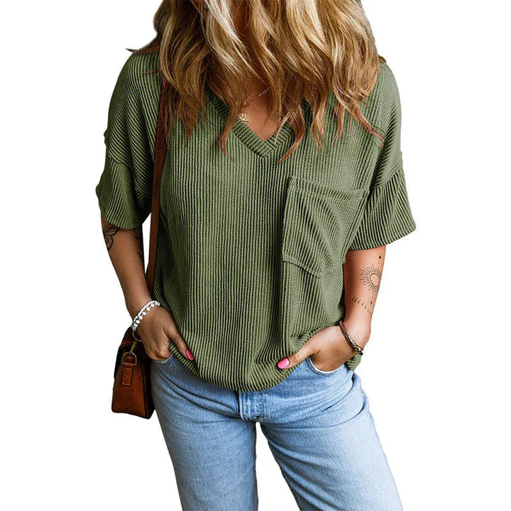 JANELLE™ – Casual Textured Pocket V-Neck Tee - MABEL LONDON