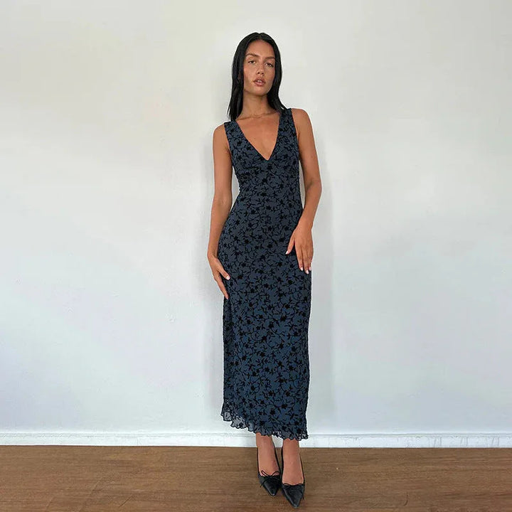 LARA™ - Classy Floral Print V-Neck Sleeveless Maxi Dress - MABEL LONDON