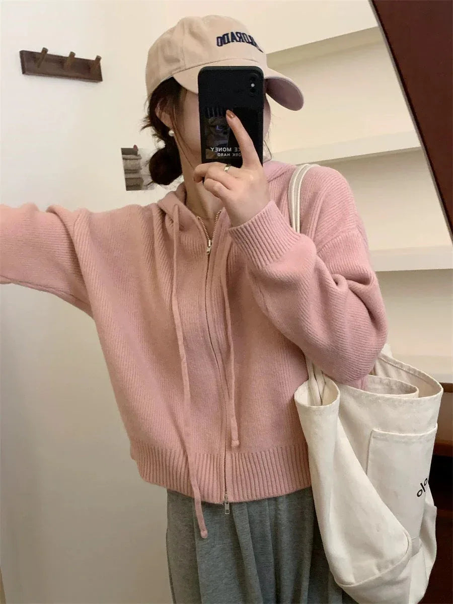 QUESTA™ - Casual Zip Up Long Sleeve Hooded Cardigan - MABEL LONDON