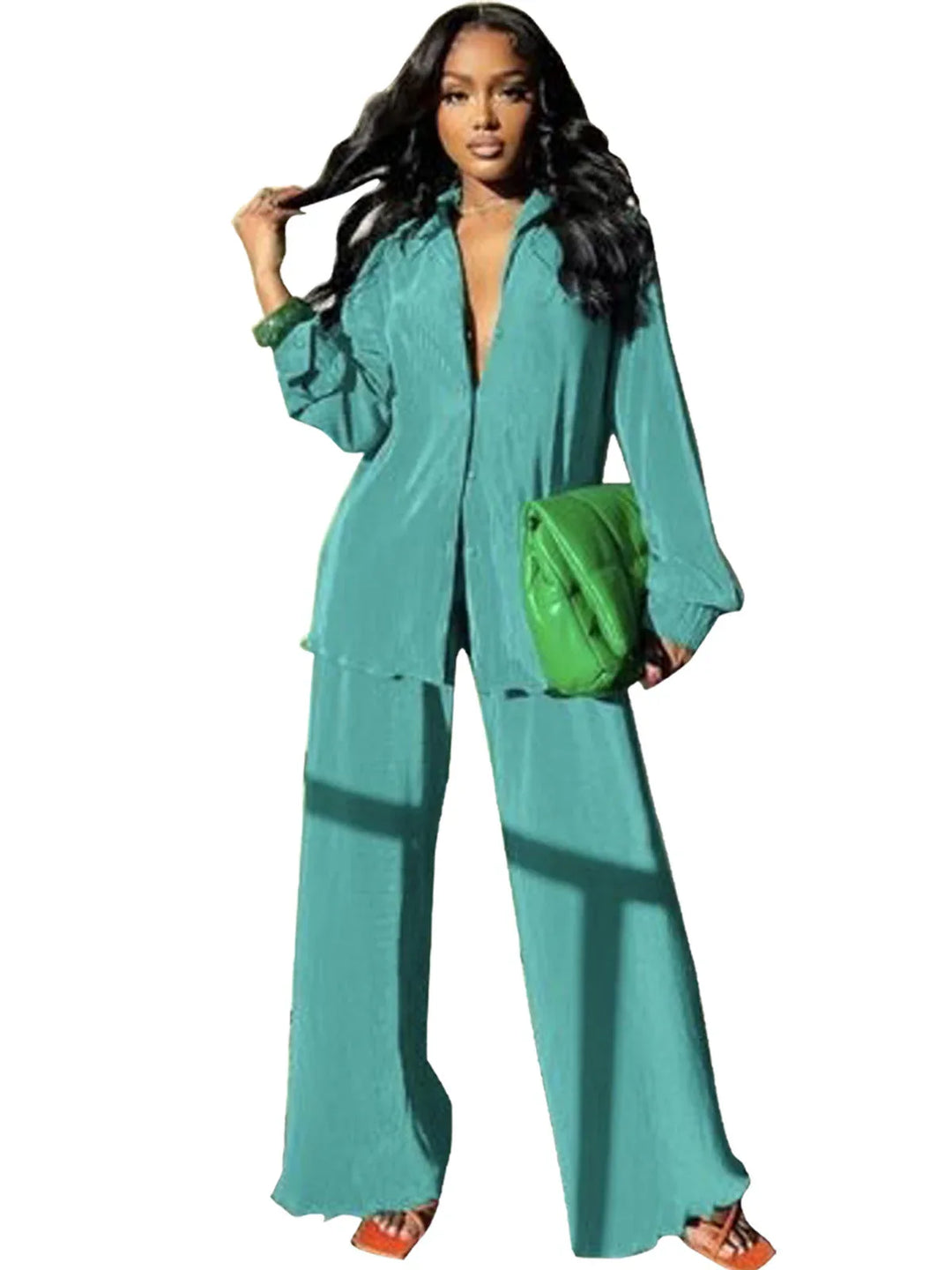 CLEO™ – Chic Collared Long Sleeve and Wide-Leg Pant Set - MABEL LONDON