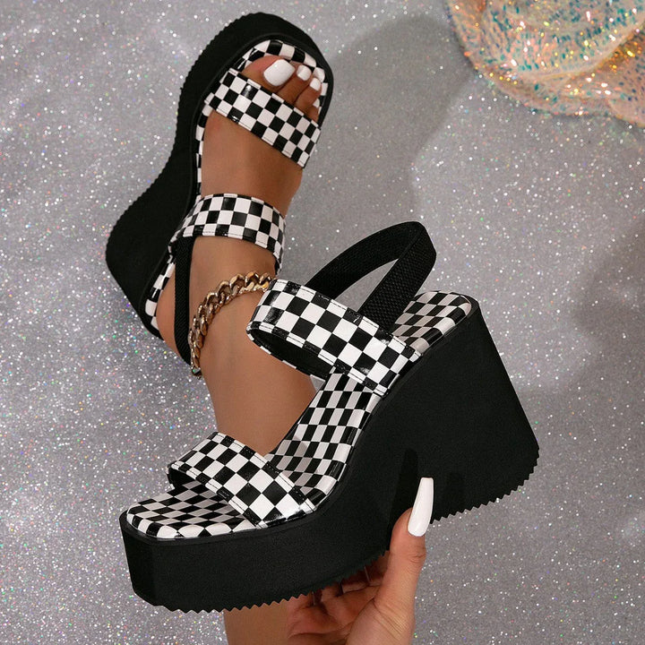 WAYNA™ – Chic Checked Slip-On Wedge Sandals - MABEL LONDON