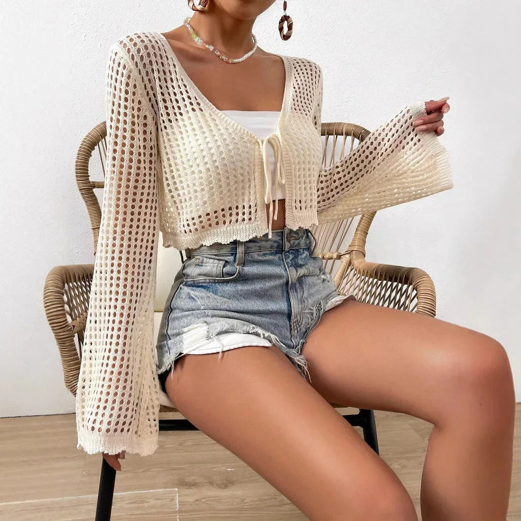 LANI™ – Lightweight Tie Front V-Neck Crop Cardigan - MABEL LONDON