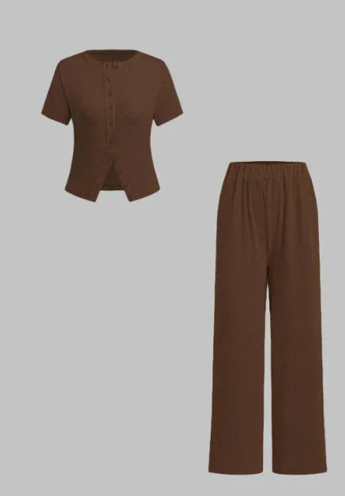 MIRANDA™ - Casual Button Front Top and Wide Leg Pants Set - MABEL LONDON