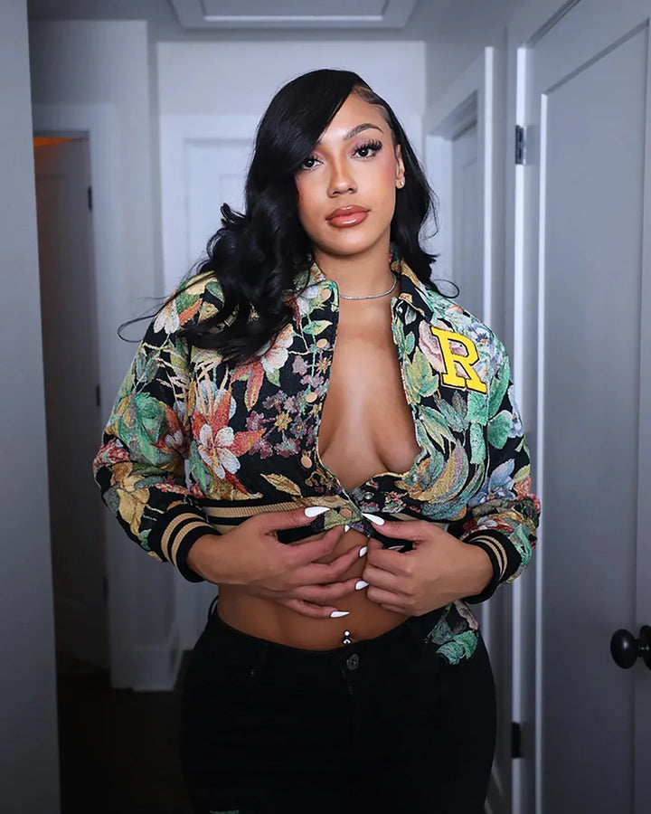 HARA™ - Chic Floral Print Collared Crop Long Sleeve Jacket - MABEL LONDON