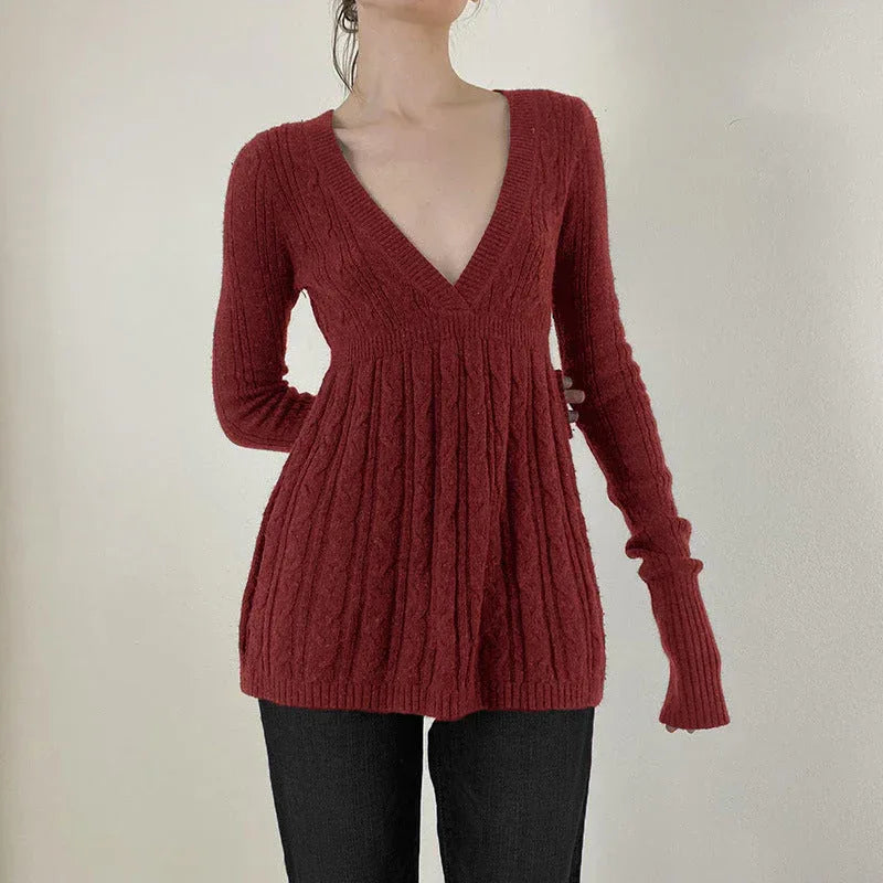 MERYL™ - Classy Long Sleeve V-Neck A-Line Waist Sweater - MABEL LONDON