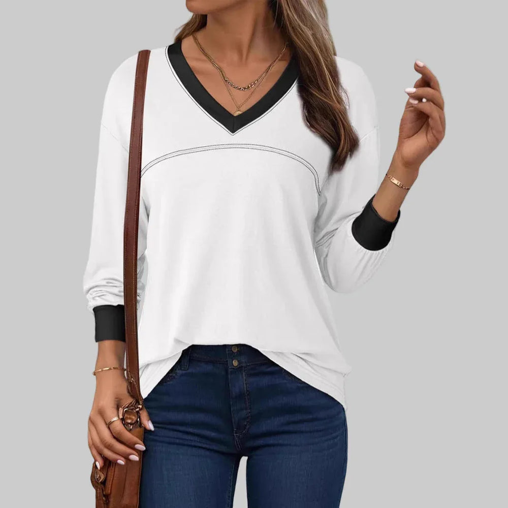 ANESHA™ - Casual Long Sleeve V-Neck Top - MABEL LONDON