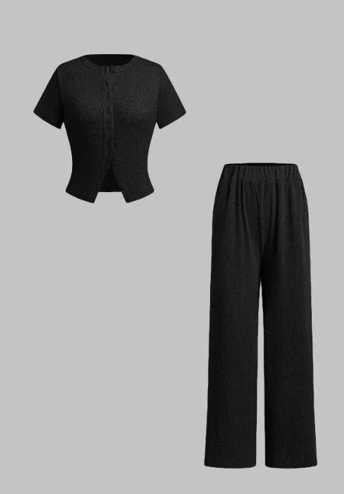 MIRANDA™ - Casual Button Front Top and Wide Leg Pants Set - MABEL LONDON