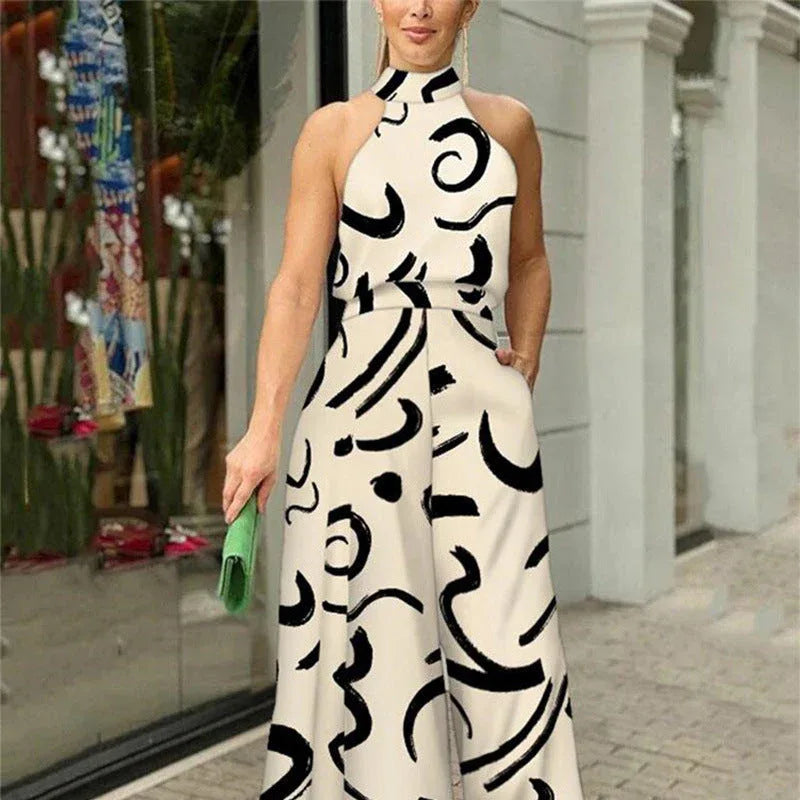 QIANA™ - Elegant Wide Leg Neck Tie Sleeveless Summer Jumpsuit - MABEL LONDON