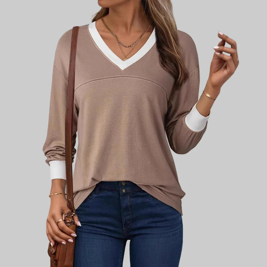 ANESHA™ - Casual Long Sleeve V-Neck Top - MABEL LONDON