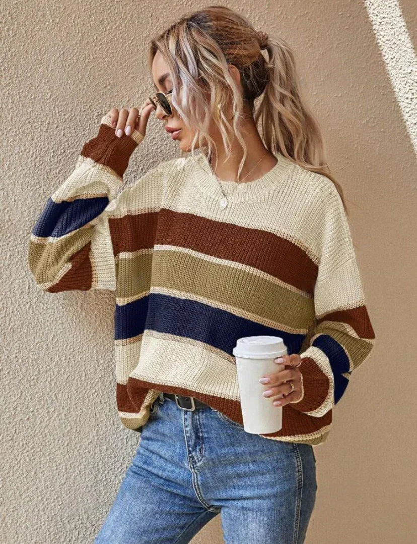 QUENBY™ - Casual Striped Long Sleeve Round Neck Sweater - MABEL LONDON