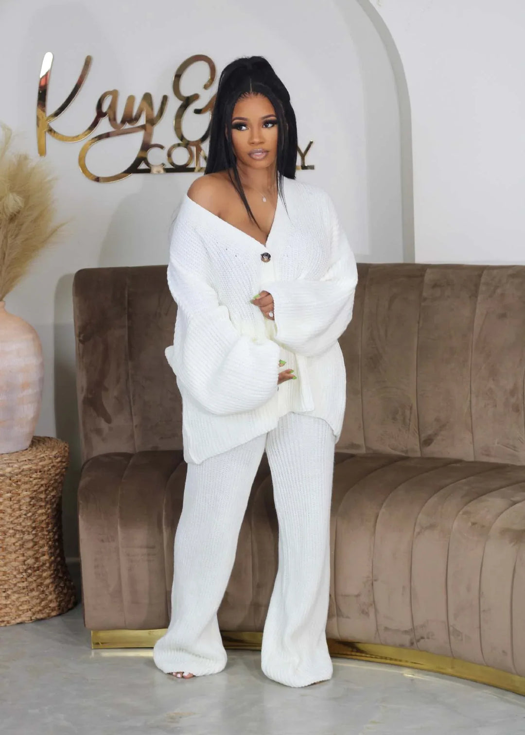 AMIKA™ - Casual V-Neck Cardigan and Wide Leg Pants Set - MABEL LONDON