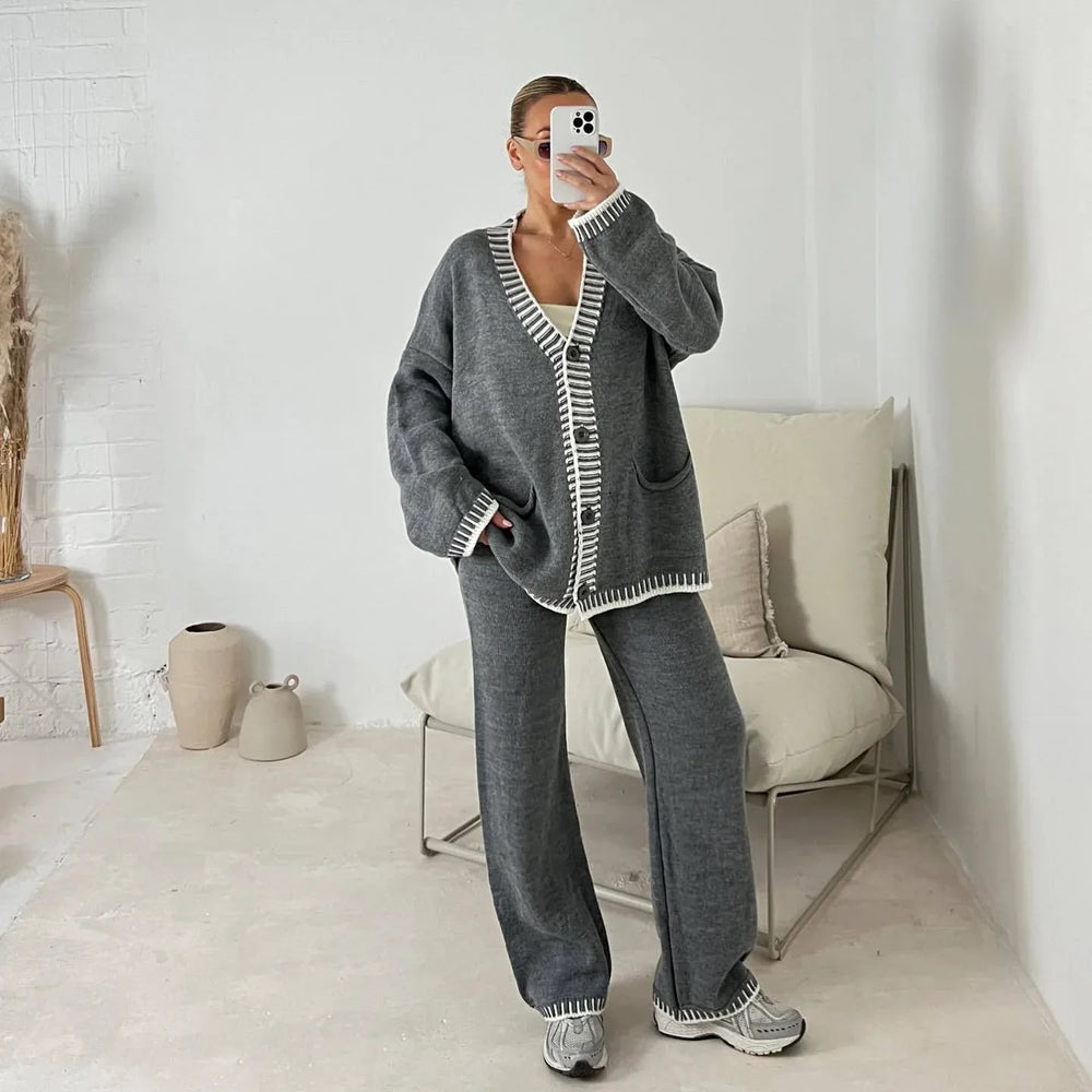 DOLA™ - Cozy Long Sleeve Cardigan and Wide Leg Pants Set - MABEL LONDON