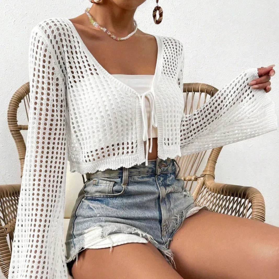 LANI™ – Lightweight Tie Front V-Neck Crop Cardigan - MABEL LONDON