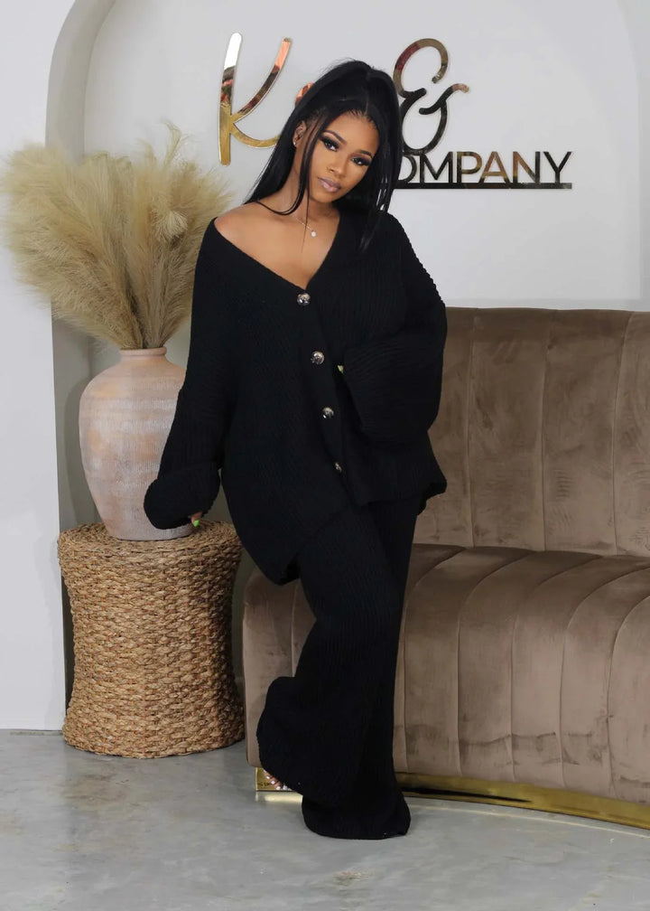 AMIKA™ - Casual V-Neck Cardigan and Wide Leg Pants Set - MABEL LONDON